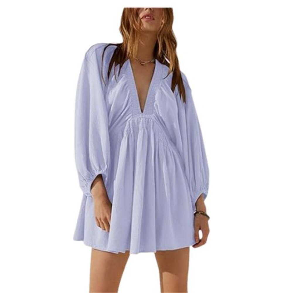 Women's Long Sleeve V-Neck Tunic Dress Casual Loose Flowy Mini Dress M